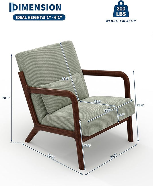 Garvee Mid-Century Modern Accent Chair, Wide-Wale Corduroy Upholstery, Solid Wood Armchair with Removable Lumbar Pillow, Sturdy Reading Chair for Living Room, Bedroom, Guest Room, Easy Assembly, Green