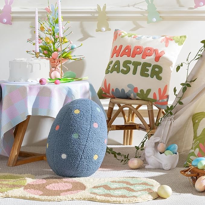 Ashler Egg Shaped Throw Pillow, Spring Home Decor, Teddy Fabric Decorative Cushion with Colorful Polka Dots Embroidery, Soft Pillow for Bedroom Living Room Couch, 14x11 in
