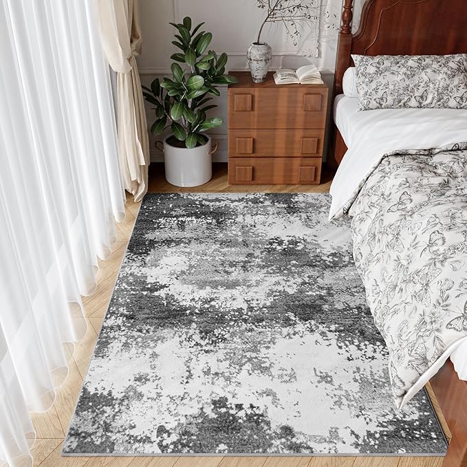 Entryway Rug 3x5 Grey Door Mat Indoor Entrance 36x60, Washable Small Throw Rugs for Kitchen Floor, Entry, Front Door, Bedroom Bedside, Non-Slip Low Pile Stain & Fade Resistant, Abstract Gray