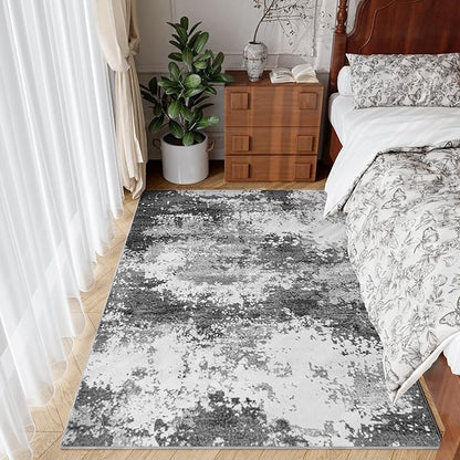 Washable Rug 4x6 Entryway Rugs for Living Room Bedroom Carpet, Grey Indoor Vintage Abstract Boho Large Area Rug Non Slip Faux Wool Rugs for Dorm, Dining Room Table, Nursery, Kids Playroom, Gray