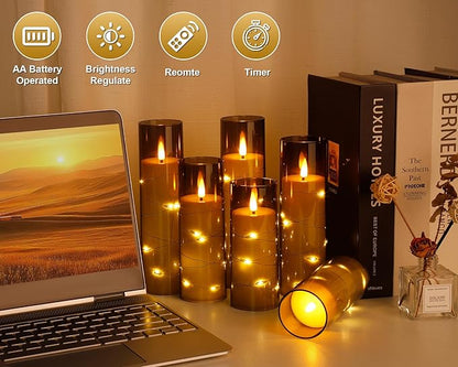 Enido Flameless LED Candles with Remote & Timer, Battery Operated Acrylic Pillar Set, 10 Pc Flickering Electric Lights with Embedded Star String for Cozy Home & Holiday Romantic Decor (Matte Grey)