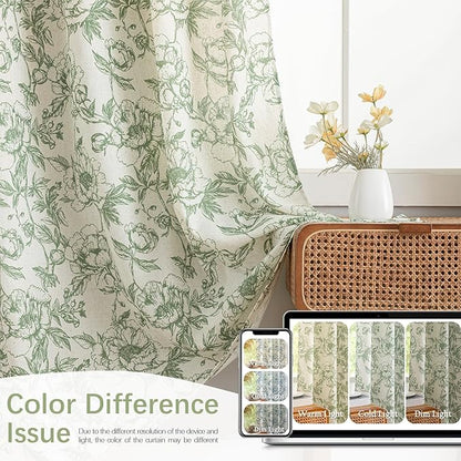 Green Floral Curtains for Living Room 90 Inches Long French Country Green Peony Print on Beige Linen Curtains Light Filtering Cottage Window Treatment Farmhouse Drapes,Pack-2,50" W X 90" L