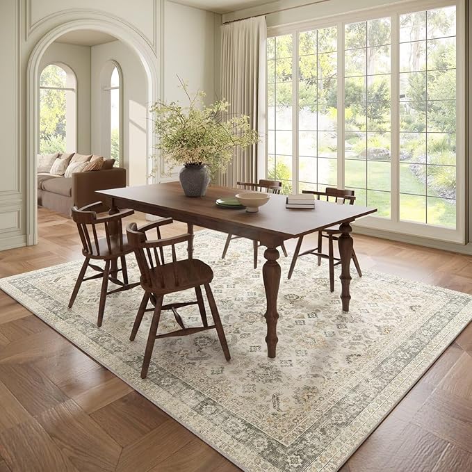 Washable 6x9 Area Rugs for Living Room, Boho Non-Slip Vintage Distress Large Rugs for Bedroom Dining Room Nursery Office, 0.3" Neutral Oriental Throw Thin Carpet, Grey/Beige/Multi, C2