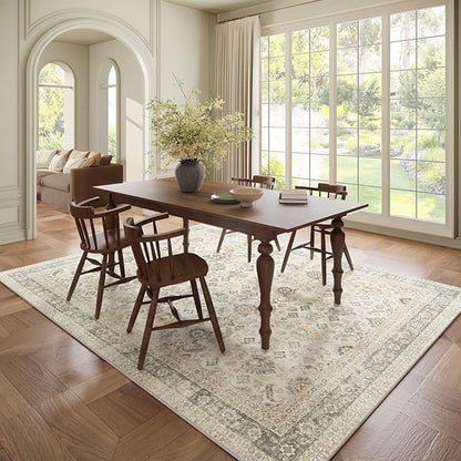 Washable 6x9 Area Rugs for Living Room, Boho Non-Slip Vintage Distress Large Rugs for Bedroom Dining Room Nursery Office, 0.3" Neutral Oriental Throw Thin Carpet, Grey/Beige/Multi, C2