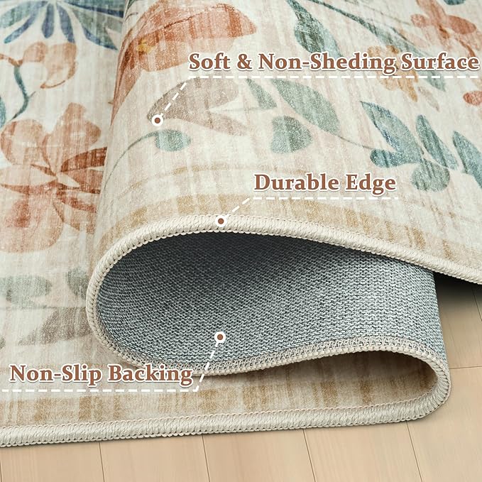 5x7 Area Rugs Washable Rug: Lagre Boho Living Room Rug Soft Non-Slip Thin Carpet Indoor Floor Non-Shedding Neutral Floral Carpets for Bedroom Dining Room Farmhouse Nursery Beige