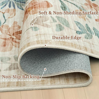 10x14 Area Rugs Washable Rug: Lagre Boho Living Room Rug Soft Non-Slip Thin Carpet Indoor Floor Non-Shedding Neutral Floral Carpets for Bedroom Dining Room Farmhouse Nursery Beige
