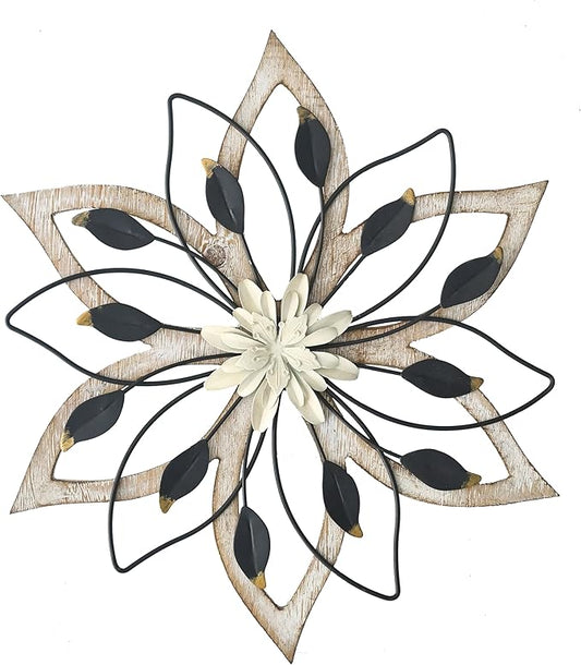 Remenna Whitewash Flowers Wood Wall Decor, Metal Rustic Wall Art Farmhouse Wall Decorations Multiple Floral Hanging Decor for Bathroom Living Room Home Office Garden Kitchen