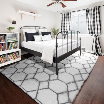 ONASAR 7x9 Area Rugs for Living Room Bedroom, Large Fluffy White and Grey Throw Rug, Geometric Soft Plush Shaggy Indoor Floor Carpet for Nursery Kids Girls Boys Teen Dorm Home Decor Aesthetic