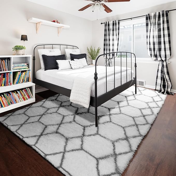 ONASAR Area Rugs for Living Room, 5x8 Fluffy White and Grey Rug for Bedroom, Geometric Moroccan Indoor Shaggy Boho Soft Plush Floor Carpet for Kids Teen Nursery Dorm Home Decor Aesthetic