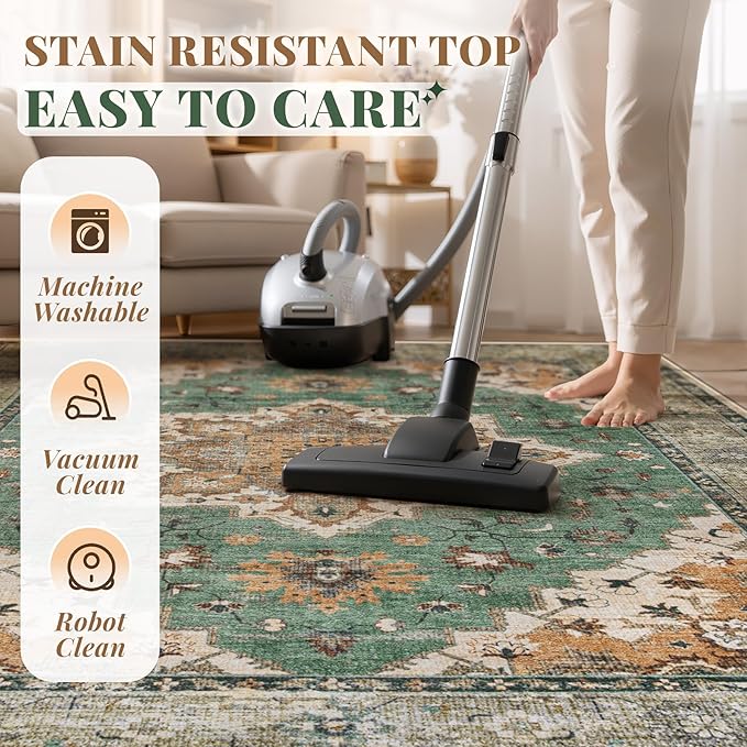 Area Rug 5x7 Vintage Rug: Washable Indoor Medallion Rugs Low Pile Distressed Floor Carpet Retro Accent Rug for Living Room Bedroom Kitchen Dining Table Home Office(Brown Green, 5'x7')