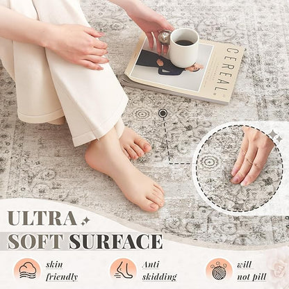 Area Rug 6x9 Vintage Rug: Washable Indoor Medallion Rugs Low Pile Distressed Floor Carpet Retro Accent Rug for Living Room Bedroom Kitchen Dining Table Home Office(Distressed Taupe, 6'x9')