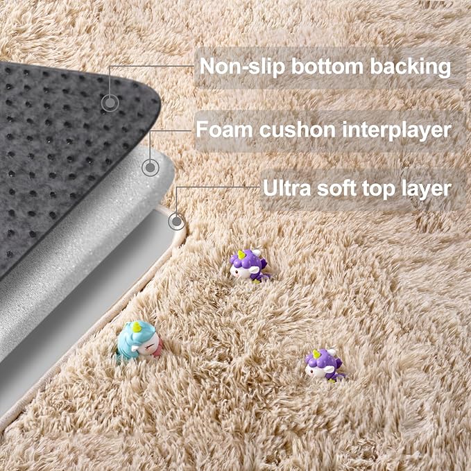 qulint 3x5 Area Rug for Bedroom, Fluffy Soft Shag Bedside Rug Fuzzy Tan Small Area Rug for Nursery, Plush Shaggy Carpet for Boys and Girls Dorm Kid Room Living Room Home Decor (3ft x 5ft, Light Tan)