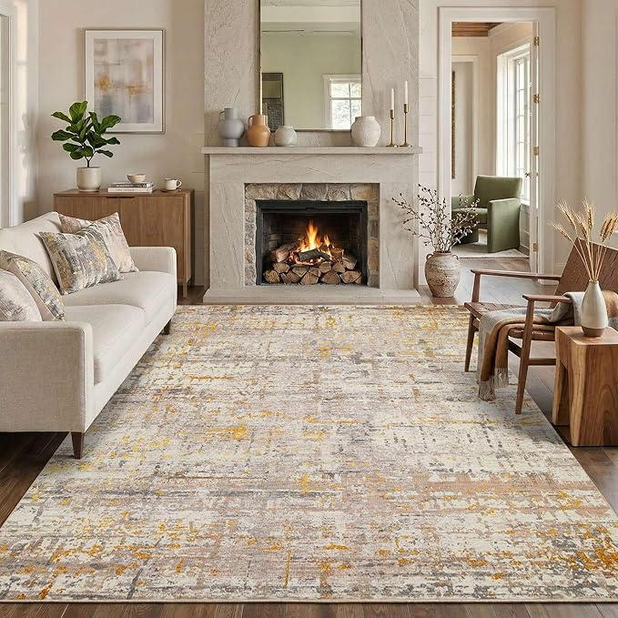 Rugxara 6x9 Washable Area Rug for Living Room, Modern Abstract Large Boho Rugs for Office, Dining Room, Kids Room, Farmhouse, Durable Low Pile Non Slip Carpet for High Traffic Areas, Gold Beige