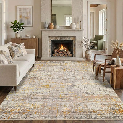 Rugxara 6x9 Washable Area Rug for Living Room, Modern Abstract Large Boho Rugs for Office, Dining Room, Kids Room, Farmhouse, Durable Low Pile Non Slip Carpet for High Traffic Areas, Gold Beige
