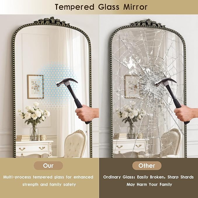 Antique Full Length Mirror 71" x 32", Antique Bronze Arched Large Vintage Mirror in Baroque Style with Tempered Glass, Freestanding for Bedroom, Living Room, Cloakroom