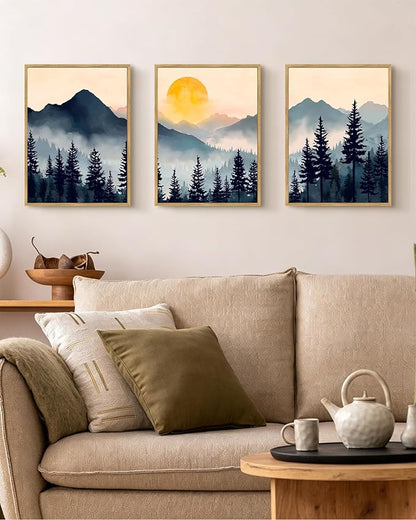 PHOPAGO Blue Fog Pine Tree Mountain Landscape Framed Wall Art Retro Watercolor Nature Misty Forest Artwork Paints Sun Rise Rustic Farmhouse Home Decor - 11x14in Natural Framed