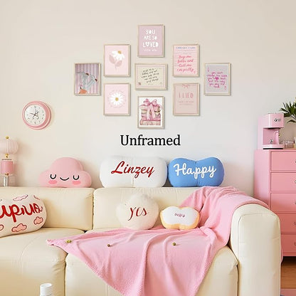 XYHYRA Pink Wall Art Painting Set of 9, Pink Preppy Girly Quote Canvas Prints Painting, Romantic Bow Books Daisy Poster Aesthetic Room Decor for Teen Girls Bedroom Dorm 8x10 Inch Unframed