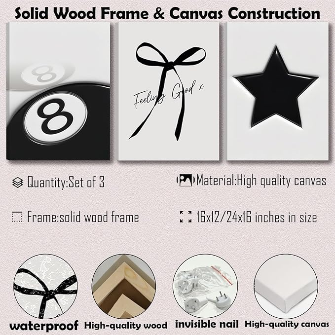 Black and White Wall Art Set of 3, Trendy Star Bow 8 Ball Canvas Wall Decor, Minimalist Aesthetic Wrapped Canvas Prints Ready to Hang for Teen Girl Bedroom Dorm Apartment Room 16x12 or 24x16 Inch