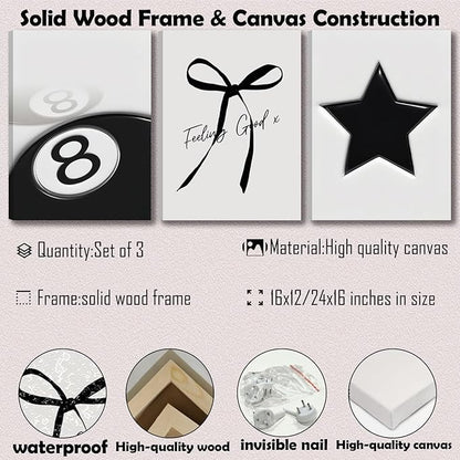 Black and White Wall Art Set of 3, Trendy Star Bow 8 Ball Canvas Wall Decor, Minimalist Aesthetic Wrapped Canvas Prints Ready to Hang for Teen Girl Bedroom Dorm Apartment Room 16x12 or 24x16 Inch
