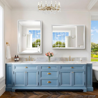 42x30 Silver Bathroom Mirror, Brushed Silver Rectangular Mirror for Wall, 0.6" Thickened Deep Frame Mirrors for Bathroom Sink, Shatterproof Tempered Glass, Antirust, Horizontally or Vertically