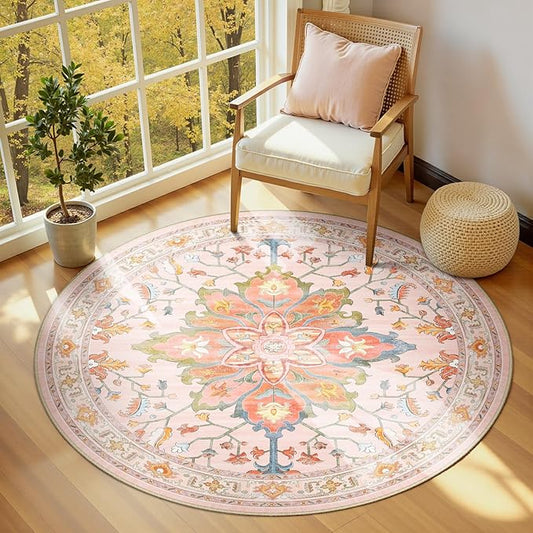 RELEANY Area Rugs Round 6ft Washable Non-Slip, Floral Vintage Distress Print Pattern Medallion Carpet for Living Room Bedroom Dining Room, Light Pink Colorful