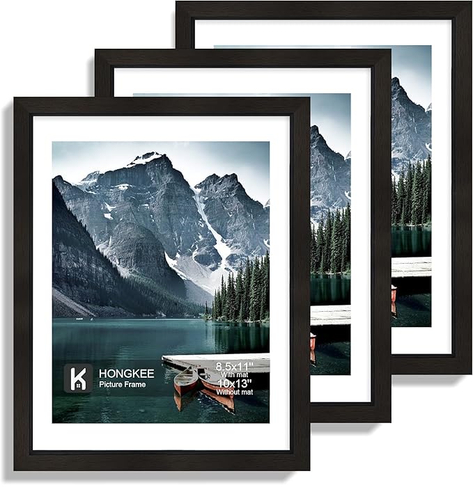 Hongkee 10x13 Picture Frames with Real Glass - Display 8.5x11 Diploma with Mat or 10 x 13 Photo without Mat, Wall or Table Top Display(Black, 3 Pack)