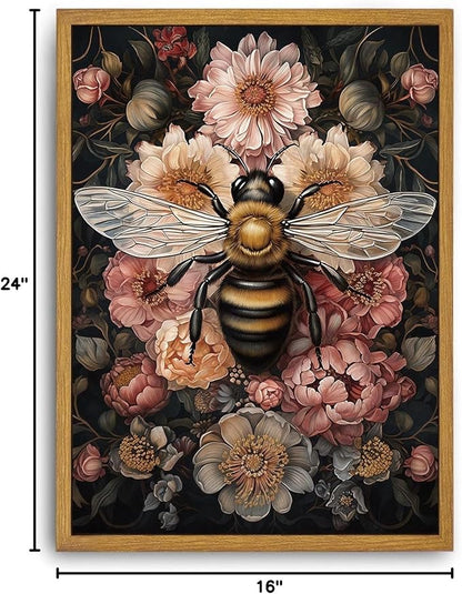 Framed Vintage Canvas Wall Art Dark College Bee Flower Paintings Wall Decor Nature Floral Botanical Pictures Prints for Living Room Bedroom 16x24in