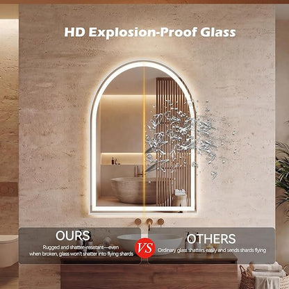 Sweetcrispy 20“×28” LED Bathroom Backlit Mirror with Lights, Arched Lighted Bathroom Vanity Mirror with Anti-Fog, Dimmable, 3-Color Light, Memory Function, Tempered Glass, Water-Proof Design