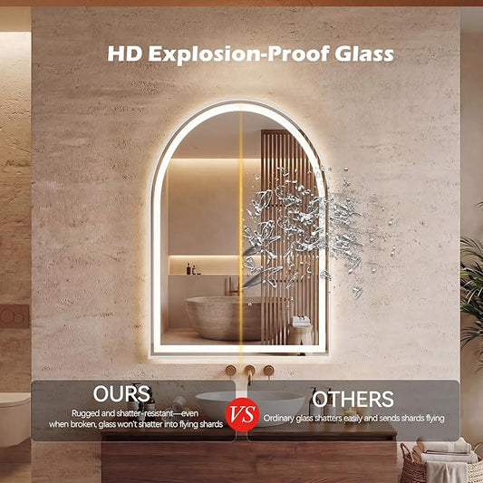 Sweetcrispy 20“×28” LED Bathroom Backlit Mirror with Lights, Arched Lighted Bathroom Vanity Mirror with Anti-Fog, Dimmable, 3-Color Light, Memory Function, Tempered Glass, Water-Proof Design