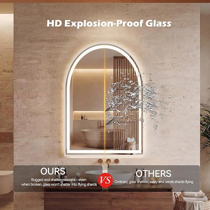 DUMOS 20"×28" LED Bathroom Mirror with Lights, Arched Vanity Mirror with Anti-Fog, Dimmable, 3-Color Light, Memory Function, Front Light and Backlit, Tempered Glass