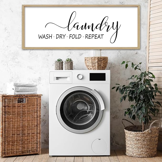 Laundry Room Wall Decor Sign 32"×12" Bathroom Laundry Rules Wash Dry Fold Repeat Large Wood Framed Wall Hanging Art (Wood)