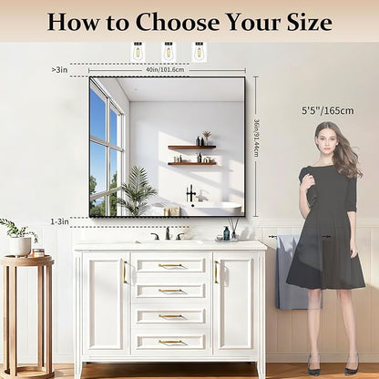 COFENY Black Bathroom Mirror for Wall, 36x40 Inch Rectangle Mirrors with Metal Frame, Modern Rectangular Wall Mirror for Bathroom Living Room, Entryway Hangs Horizontal or Vertical