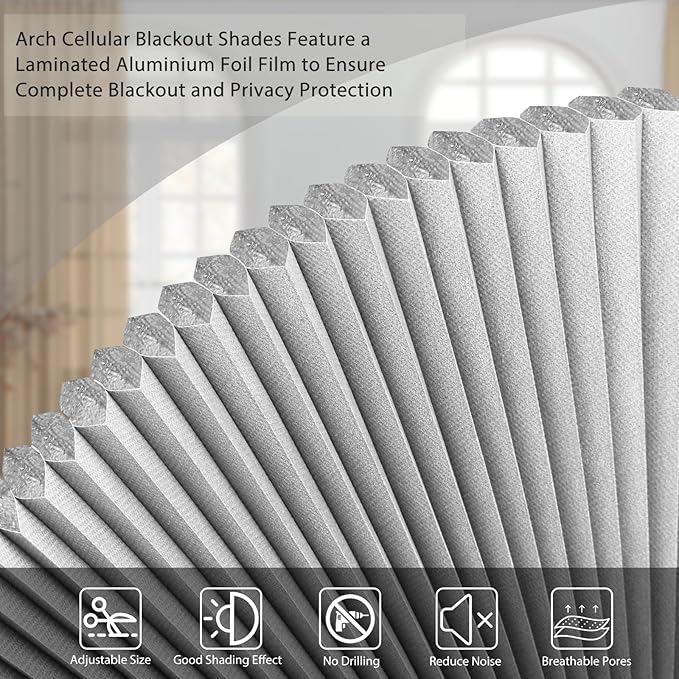 Arch Window Shade Blackout Cellular Shades Half Circle Moon Window Covering No Drill Honeycomb Cordless Blinds for Indoor Window Room Darkening Easy Install Light Blocking Blinds (1, White, 72x36inch)