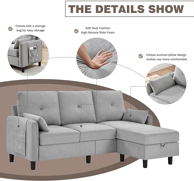 Convertible Sectional Sofa, 77" Small L Shaped 3 Seat Couch with Reversible Storage Chaise, Modern Polyester Fabric Sofa Couches for Living Room, Apartment and Small Space
