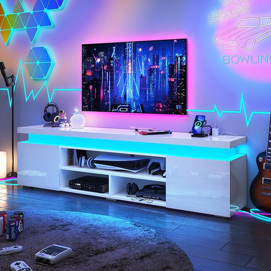 Hlivelood LED TV Stand for 85 Inch TV, Modern TV Stand with Power Outlet, High Gloss TV Console Entertainment Center with Storage and LED Lights for Living Room, Bedroom (73 Inch, White)