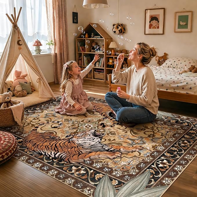 Tiger Washable Area Rugs for Living Room 4x6Ft, Boho Jungle Bedroom Rugs, Thin Botanical Entryway Nursery Area Floor Carpets for Dorm Dining Room Kids Playroom Study Farmhouse, Camel/Coffee