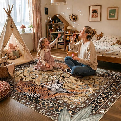 Tiger Washable Area Rugs for Living Room 4x6Ft, Boho Jungle Bedroom Rugs, Thin Botanical Entryway Nursery Area Floor Carpets for Dorm Dining Room Kids Playroom Study Farmhouse, Camel/Coffee