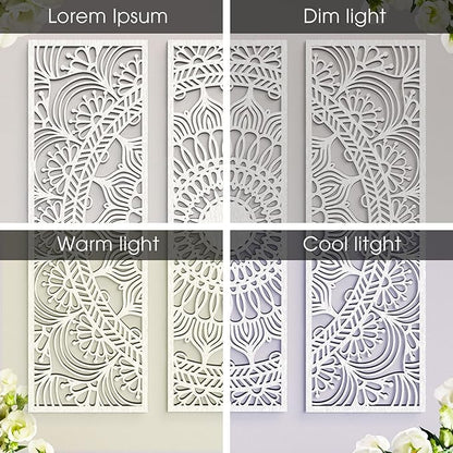 Blulu 3pcs Mandala Wall Art Carved Wood Wall Art Floral Aesthetic Wooden Plaque Set Wood Carving Decor Farmhouse Modern Cutout Plaque for Home Bathroom Decoration(15.8 x 5.1 Inch,White)