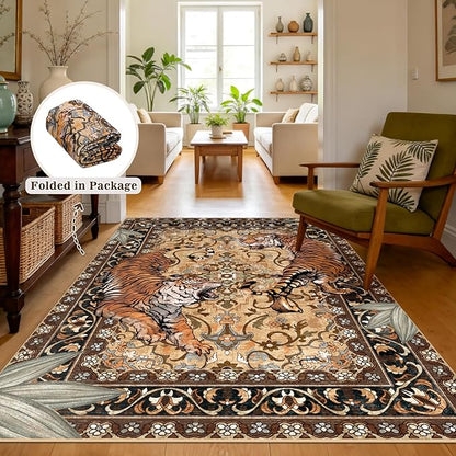Tiger Washable Area Rugs for Living Room 4x6Ft, Boho Jungle Bedroom Rugs, Thin Botanical Entryway Nursery Area Floor Carpets for Dorm Dining Room Kids Playroom Study Farmhouse, Camel/Coffee