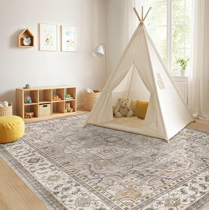EIEIHOUSE Washable Area Rugs for Living Room - 8x10 Neutral Vintage Distressed Floral Farmhouse Boho Large Soft Floor Rug Indoor Non Slip Carpet for Bedroom Dining Room Office - Grey Brown