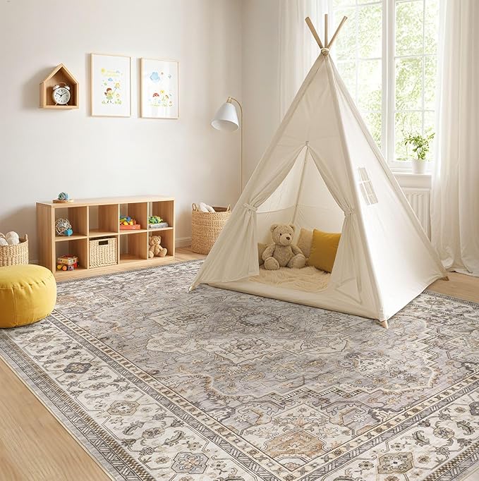 EIEIHOUSE Washable Area Rugs for Living Room - 7x9 Neutral Vintage Distressed Floral Farmhouse Boho Large Soft Floor Rug Indoor Non Slip Carpet for Living Room Bedroom Dining Room Office - Grey Brown