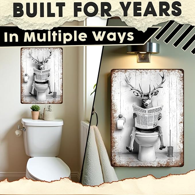 Funny Metal Bathroom Signs Deer Vintage Tin Sign for Bathroom & Restroom Black and White Decor 12x16 Inch