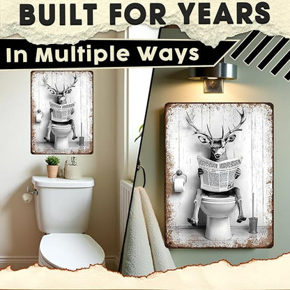 Funny Metal Bathroom Signs Deer Vintage Tin Sign for Bathroom & Restroom Black and White Decor 12x16 Inch