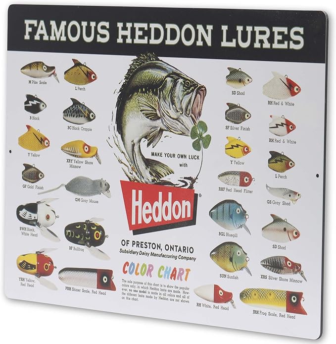 Heddon Famous Lures Color Chart Metal Sign - Vintage Heddon Wall Decor for Man Cave or Garage