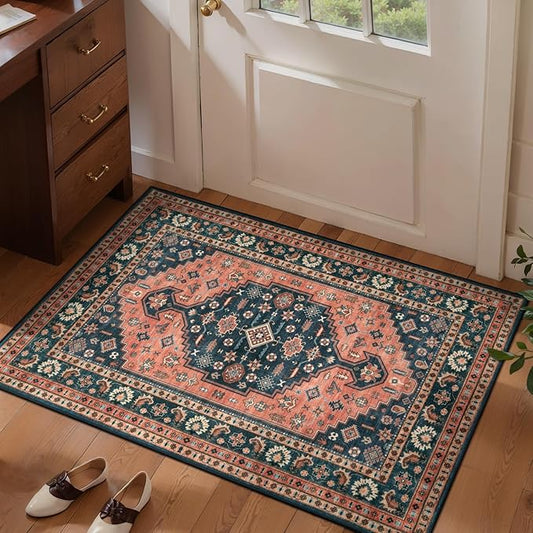 Tangsoo Oriental 2x3 Small Area Rugs for Entryway,Vintage Washable Indoor Door Rug,Non-Slip Soft Low Pile Small Throw Rug for Entry Bathroom Kitchen Bedroom Home Decor Red Blue