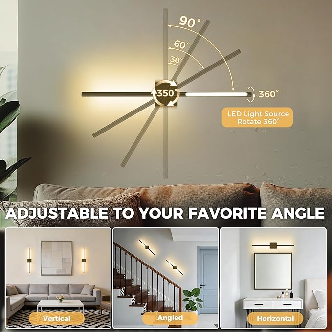 DORESshop Battery Operated Wall Sconces Set of 2, Dimmable Battery Wall Sconce with Remote Control, Black 350°Rotate Rechargeable Sconces, 29 Inch Wireless Wall Lights for Bedroom, Living Room