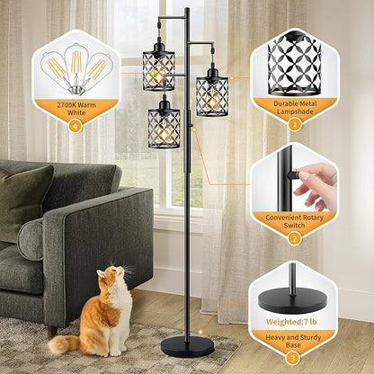 Dimmable Floor Lamp, Farmhouse Standing Lamp with Elegant Metal Cage, Industrial Tall Tree Floor Lamps for Living Room, Bedroom, Study Room, Office, 2000LM LED Bulbs Included - 68", Black