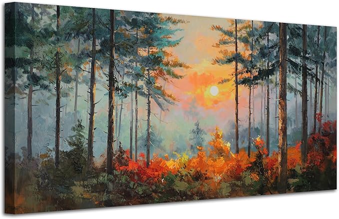 Ardemy Sunset Pines Wall Art Hand-Painted Texture Forest Canvas Painting Sunrise Picture 40"x20" Large Nature Artwork for Living Room Bedroom Office Farmhouse Decor