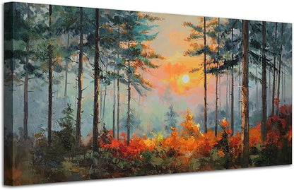 Ardemy Sunset Pines Wall Art Hand-Painted Texture Forest Canvas Painting Sunrise Picture 40"x20" Large Nature Artwork for Living Room Bedroom Office Farmhouse Decor