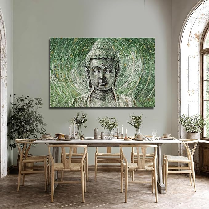ZENPEE Large Green Buddha Wall Art 32x48 Inch, Zen Canvas Wall Art for Living Room Bedroom, Spiritual Meditation Wall Decor, Buddha Print for Home